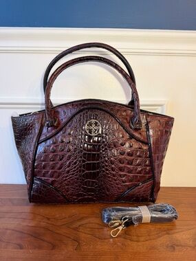 Stauer Avalon Croc-Embossed Handbag in Mahogony Brown, includes shoulder strap